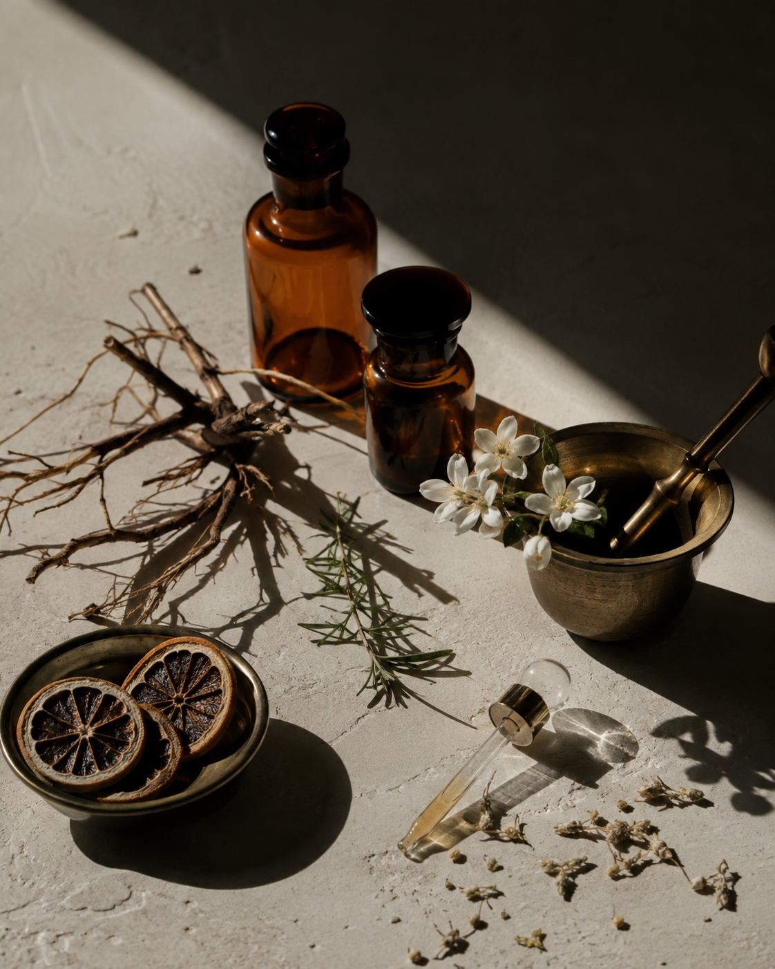 Laboratorio botanico INÉDITO con radici, agrumi essiccati, fiori e bottiglie ambrate