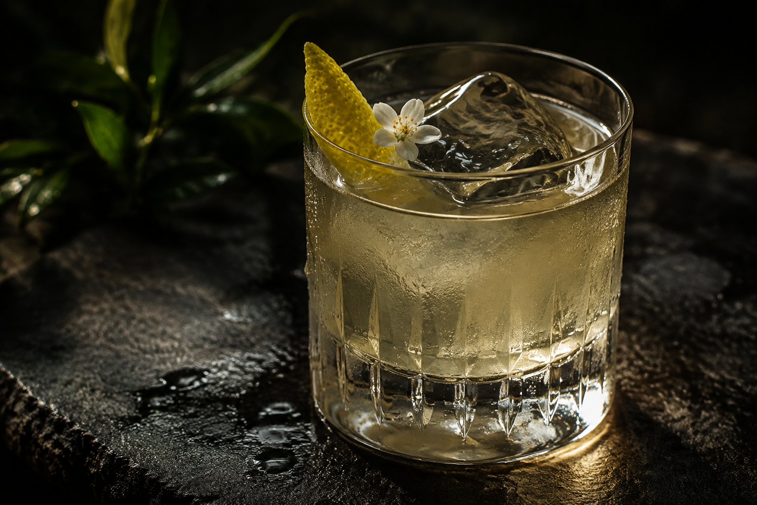 Cocktail botanico Zero Alcohol con bergamotto e fiore bianco