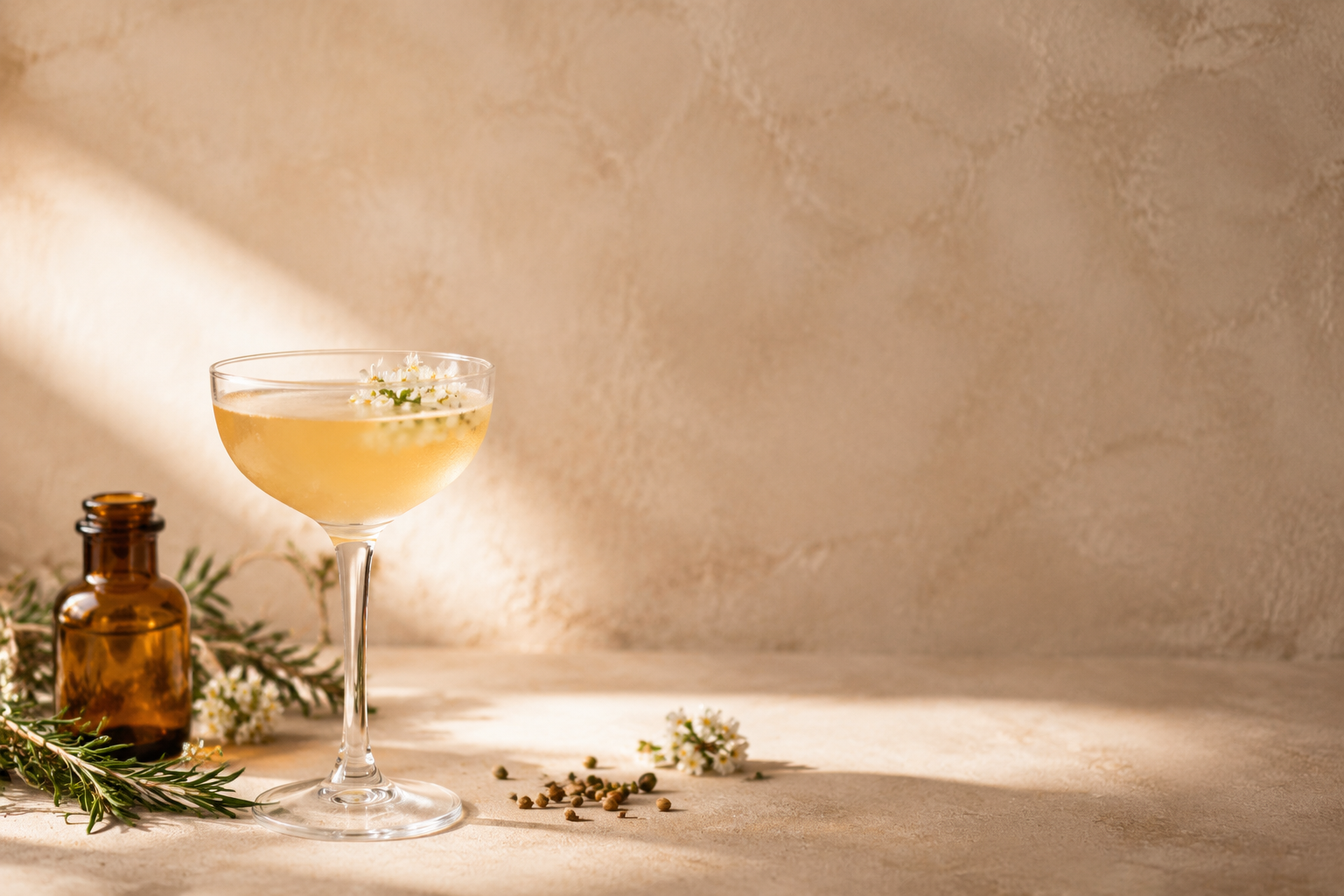 Cocktail catering INÉDITO con coppa dorata e botaniche