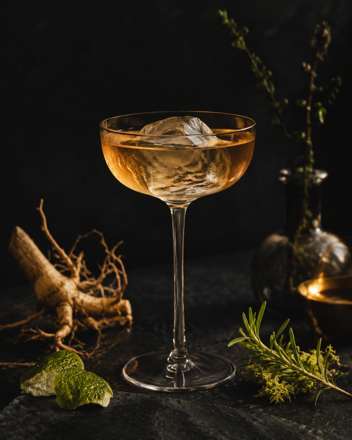 Cocktail Zero Alcohol ambrato con botaniche e ghiaccio cristallino